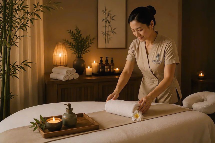 Bamboo Healing therapist preparing a calming at-home spa setup