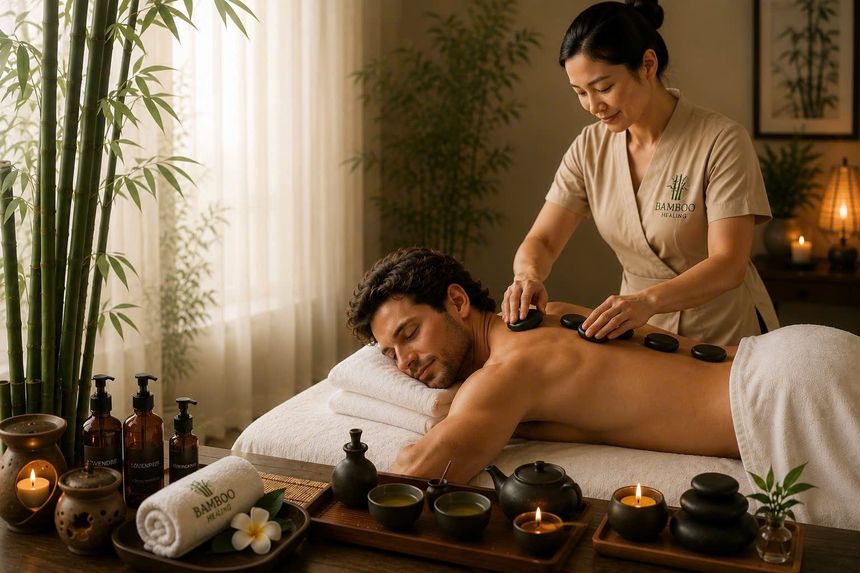 Bamboo Healing therapist performing a hot stone massage